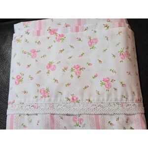 Vintage Full Fitted Sheet - pink flowers, green stems, white background